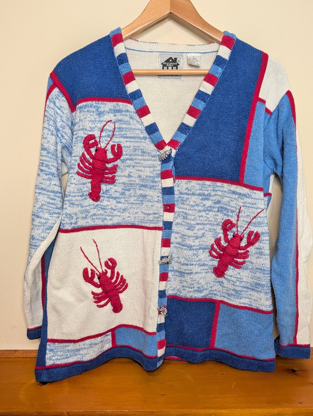 Storybook Knits Lobster Cardigan Blue White Red Colorblock Pewter Buttons L